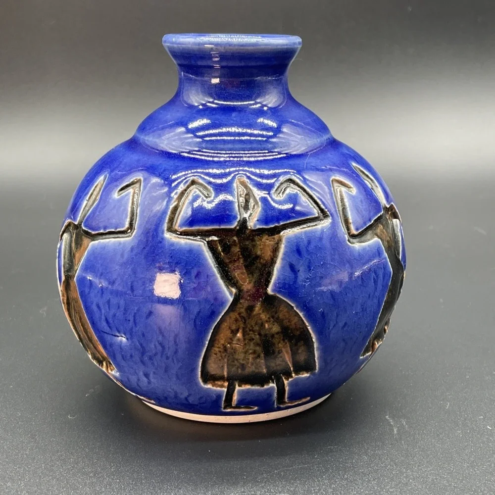 Studio Art Pottery Signed EVE Blue Glaze Vase Figure Imprints In Black Glaze